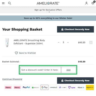 Where to enter your Ameliorate Discount Code