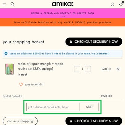 Where to enter your Amika Discount Code