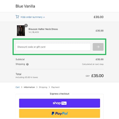 Where to enter your Blue Vanilla Discount Code