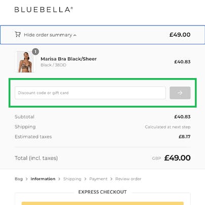 Where to enter your Bluebella Discount Code