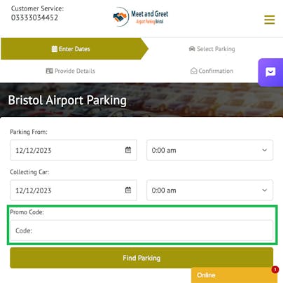 Where to enter your Bristol Airport Parking Discount Code