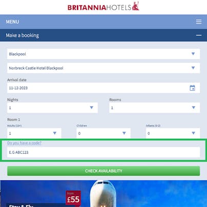 Where to enter your Britannia Hotels Discount Code