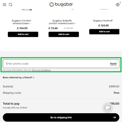 Where to enter your Bugaboo Discount Code
