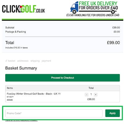 Where to enter your Click Golf Discount Code