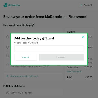 Where to enter your Deliveroo Promo Code
