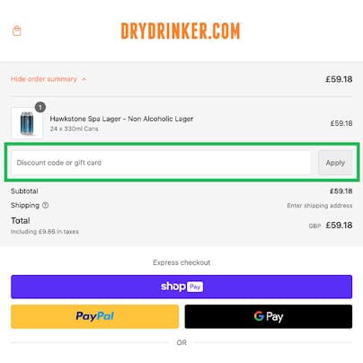 Where to enter your Dry Drinker Discount Code
