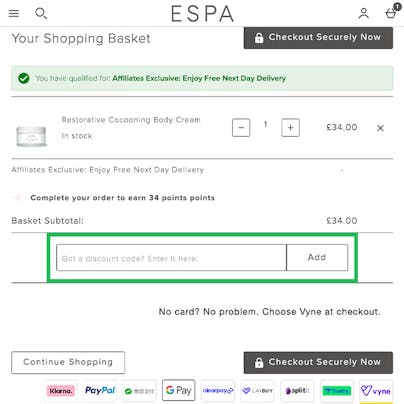 Where to enter your ESPA Discount Code