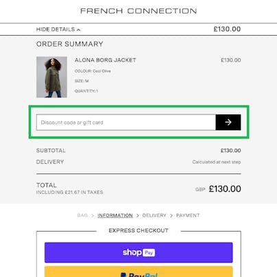 Where to enter your French Connection Discount Code