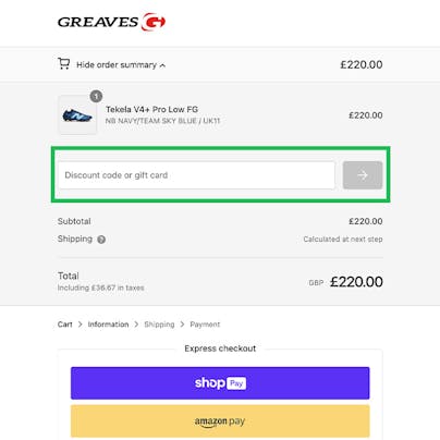 Where to enter your Greaves Sports Discount Code