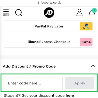 Where to enter your JD Sports  Promo Code