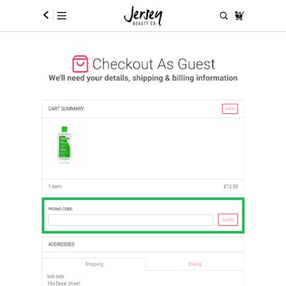 Where to enter your Jersey Beauty Discount Code