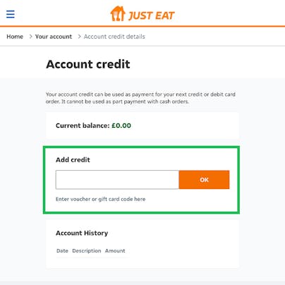 Where to enter your Just Eat Discount Code