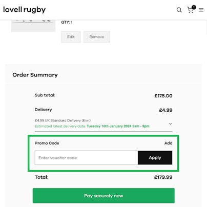 Where to enter your Lovell Rugby Promo Code
