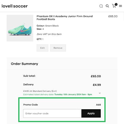 Where to enter your Lovell Soccer Discount Code