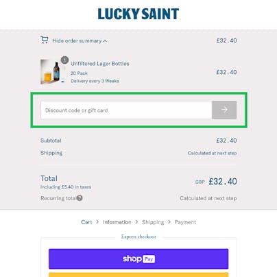 Where to enter your Lucky Saint Discount Code