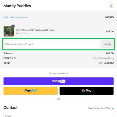 Where to enter your Muddy Puddles Discount Code