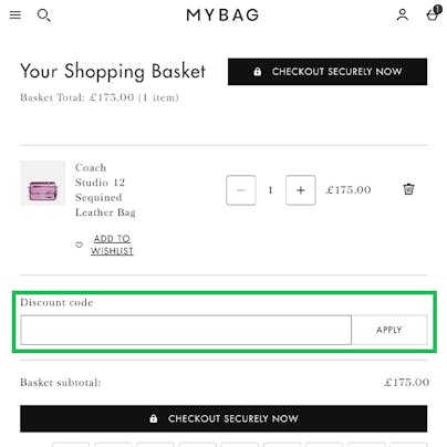 Where to enter your MyBag Discount Code