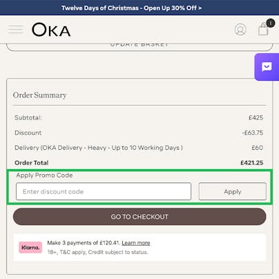 Where to enter your OKA Discount Code