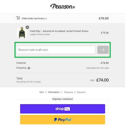Where to enter your Pearson Cycles Discount Code