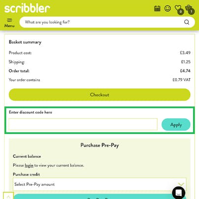 Where to enter your Scribbler Discount Code