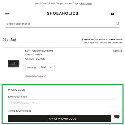 Where to enter your Shoeaholics Discount Code