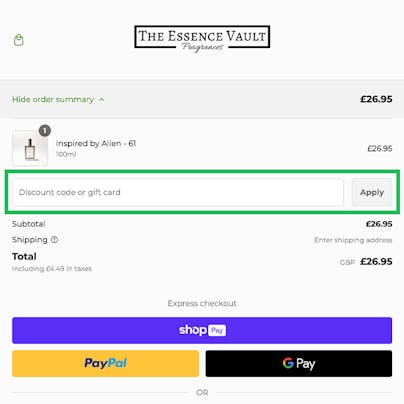 Where to enter your The Essence Vault Discount Code