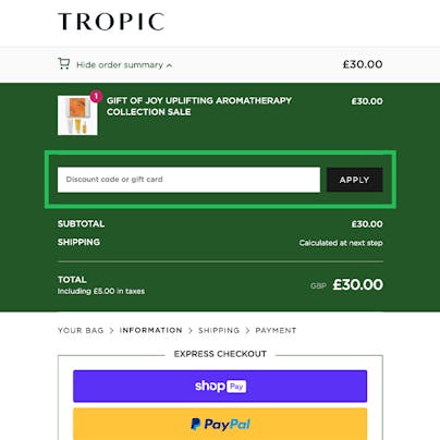 Where to enter your Tropic Discount Code