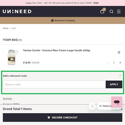 Where to enter your Unineed Discount Code