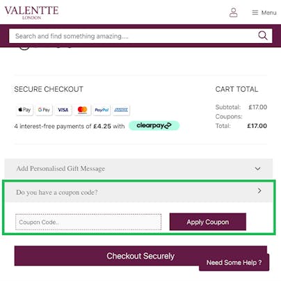 Where to enter your Valentte Discount Code