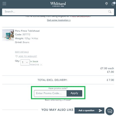 Where to enter your Whittard of Chelsea  Discount Code