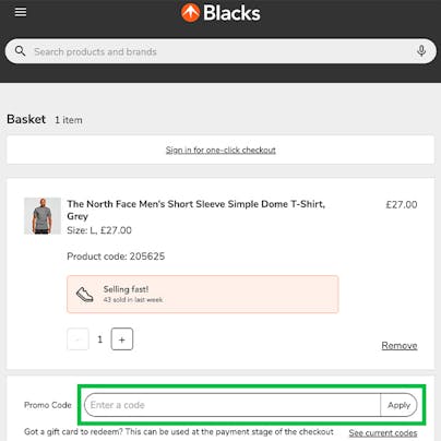 Where to enter your Blacks Discount Code