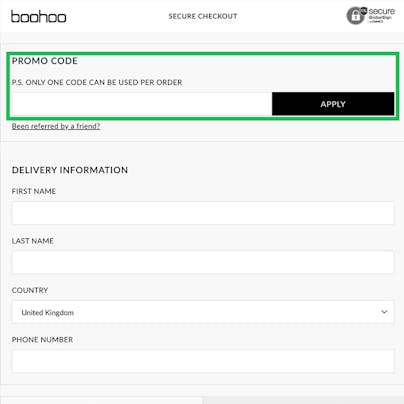 Where to enter your boohoo Discount Code