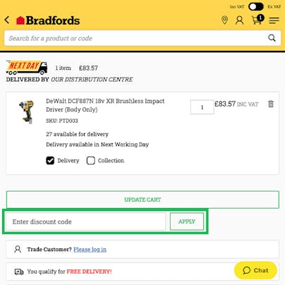 Where to enter your Bradfords Discount Code