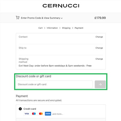 Where to enter your Cernucci Discount Code