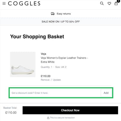 Where to enter your Coggles Discount Code