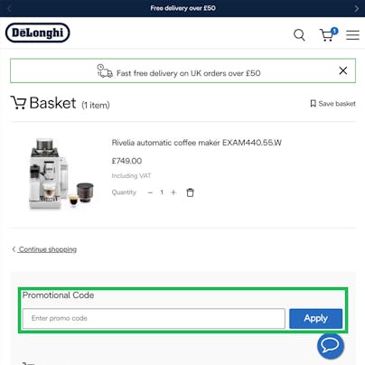Where to enter your Delonghi Discount Code