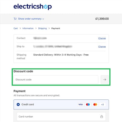 Where to enter your Electric Shop Discount Code