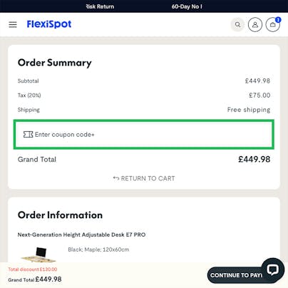 Where to enter your Flexispot Discount Code