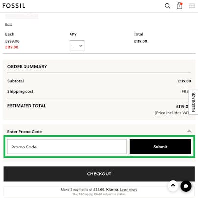 Where to enter your Fossil Discount Code