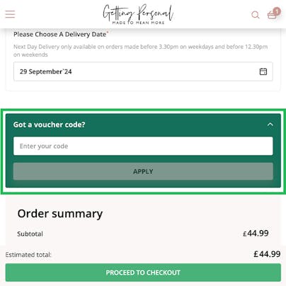 Where to enter your Getting Personal Voucher Code