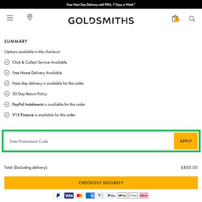 Where to enter your Goldsmiths Discount Code