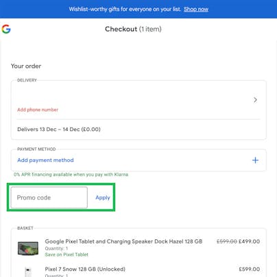 Where to enter your Google Store Promo Code