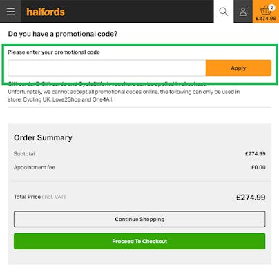 Where to enter your Halfords Discount Code