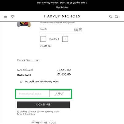 Where to enter your Harvey Nichols Discount Code