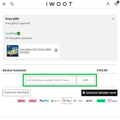 Where to enter your IWOOT Discount Code