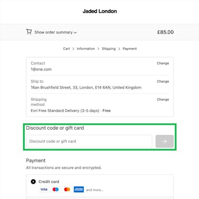 Where to enter your Jaded London Discount Code