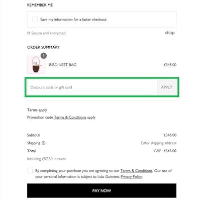 Where do I use my Lulu Guinness Discount Code?