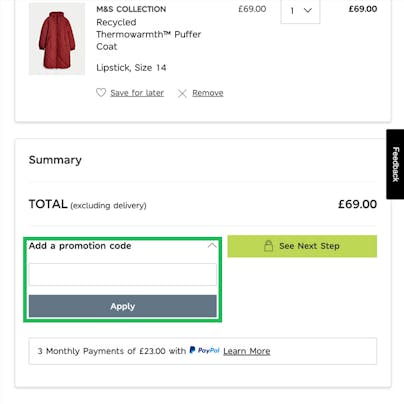 Where to enter your Marks and Spencer Discount Code