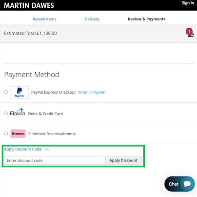 Where to enter your Martin Dawes Discount Code