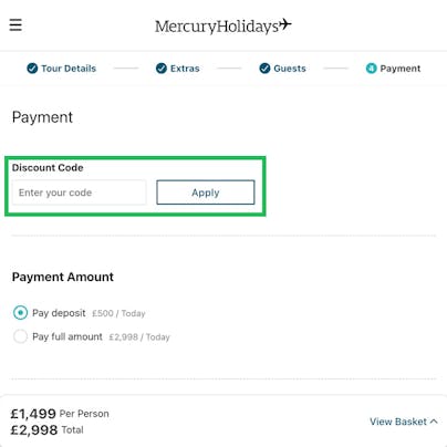 Where to enter your Mercury Holidays Discount Code